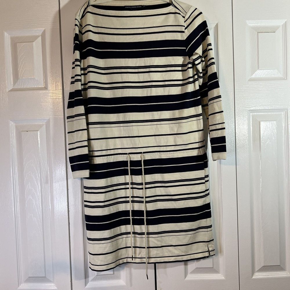 Ralph Lauren Sport Dress‎ Navy And Tan  Striped 3/4 sleeve tie waist Sz Small